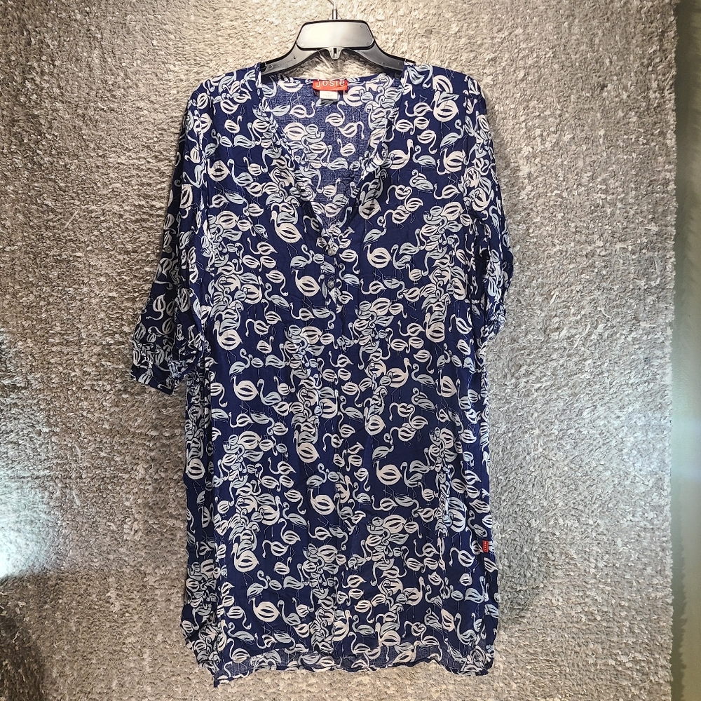Josie Natori Dress Women's XL Blue Flamingo Print Tunic Shirt Dress V-Neck Artsy